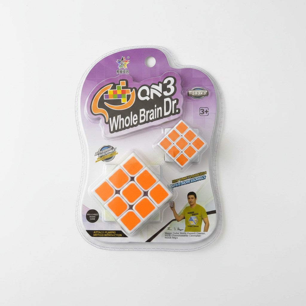 Two orange magic cubes in one blister pack, a full size and a mini