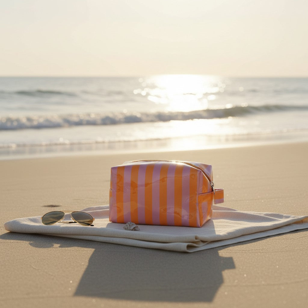 Orange striped waterproof beach pouch with zip closure