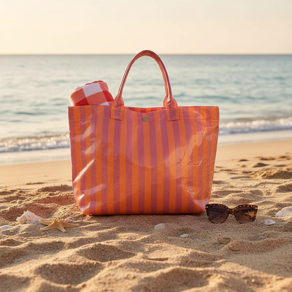 Orange and pink striped coated beach tote bag with rolled handles
