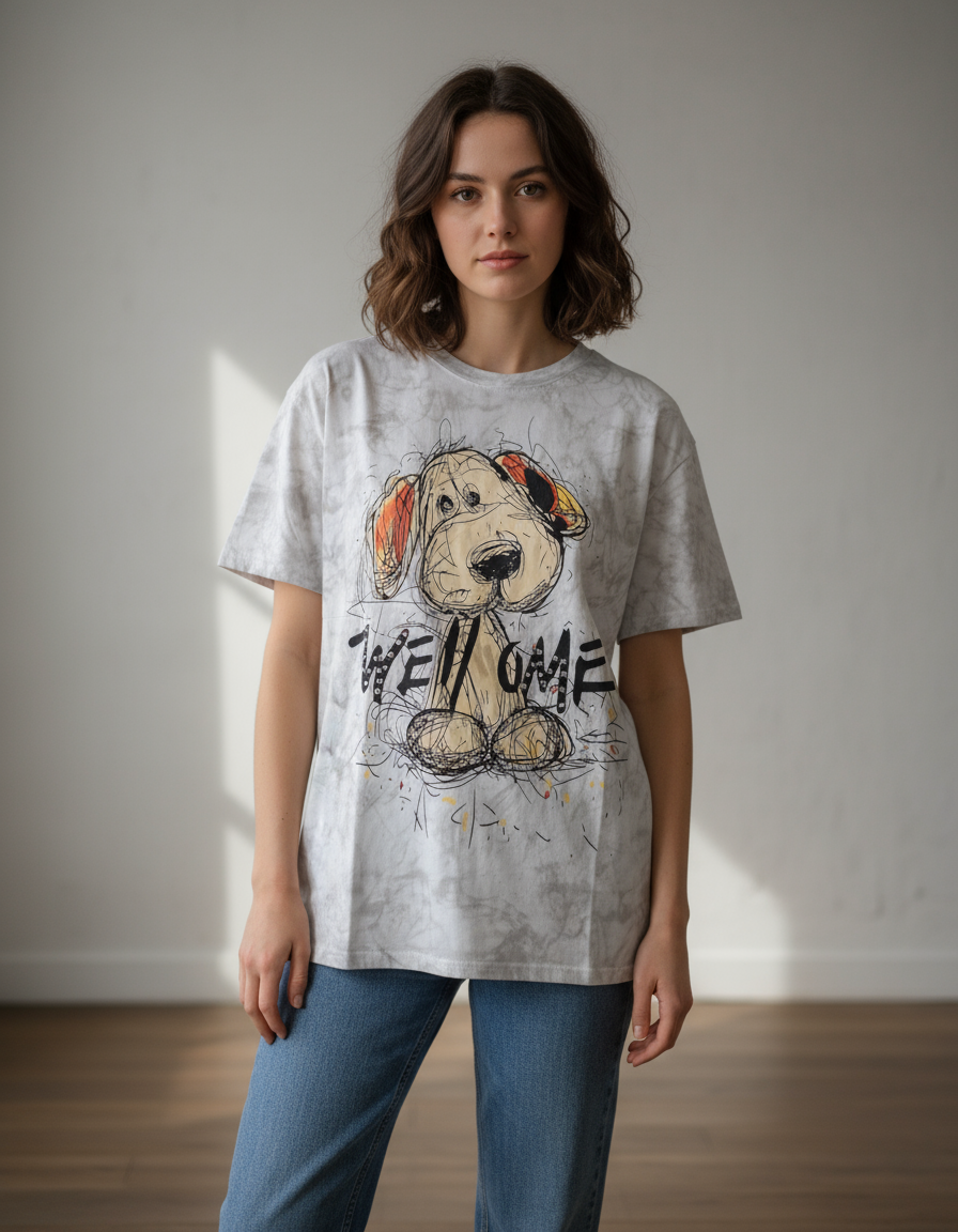 Woman wearing a gray tshirt with a dog graphic and 'WELCOME' text