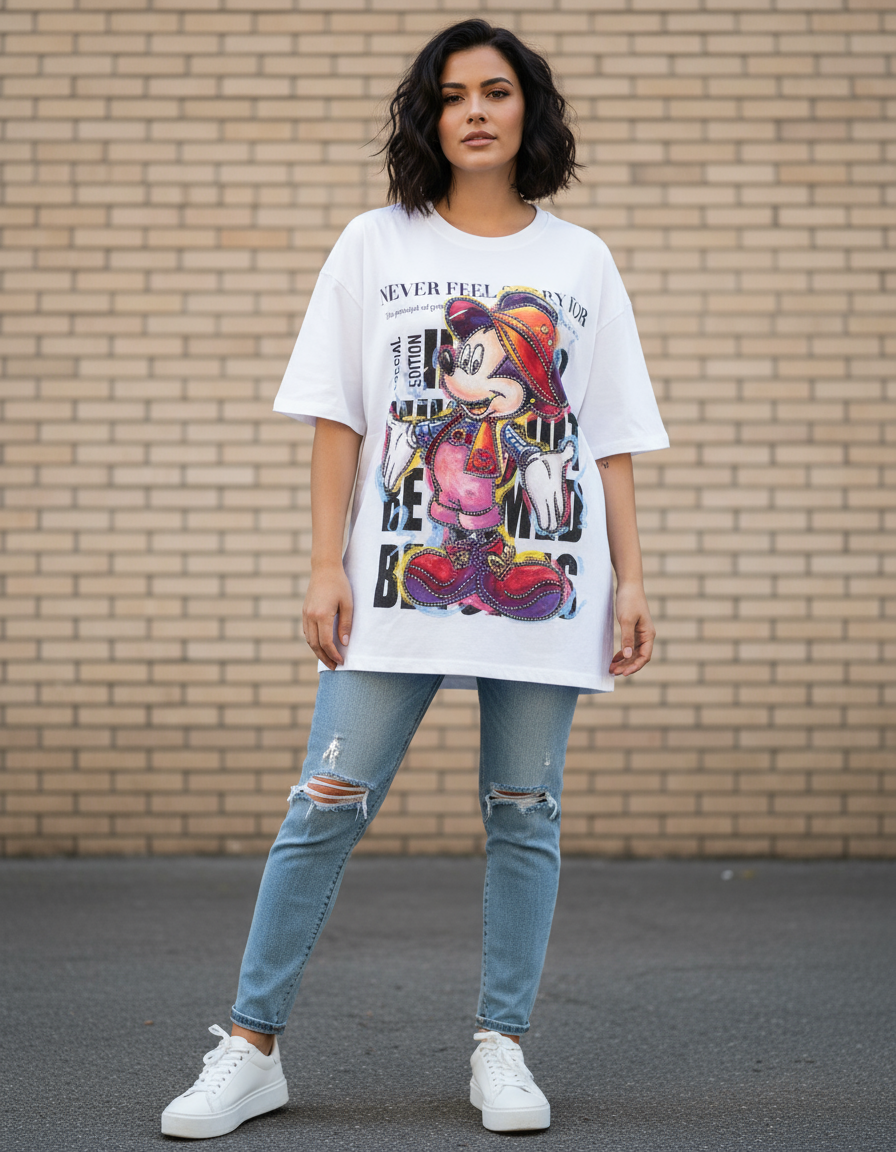 Person wearing a white graphic tshirt of Mickey Mouse and ripped jeans standing against a brick wall