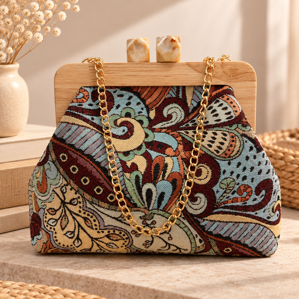 Front view of a multicolour paisley tapestry bag with a wooden frame, marbled cube clasp and gold chain