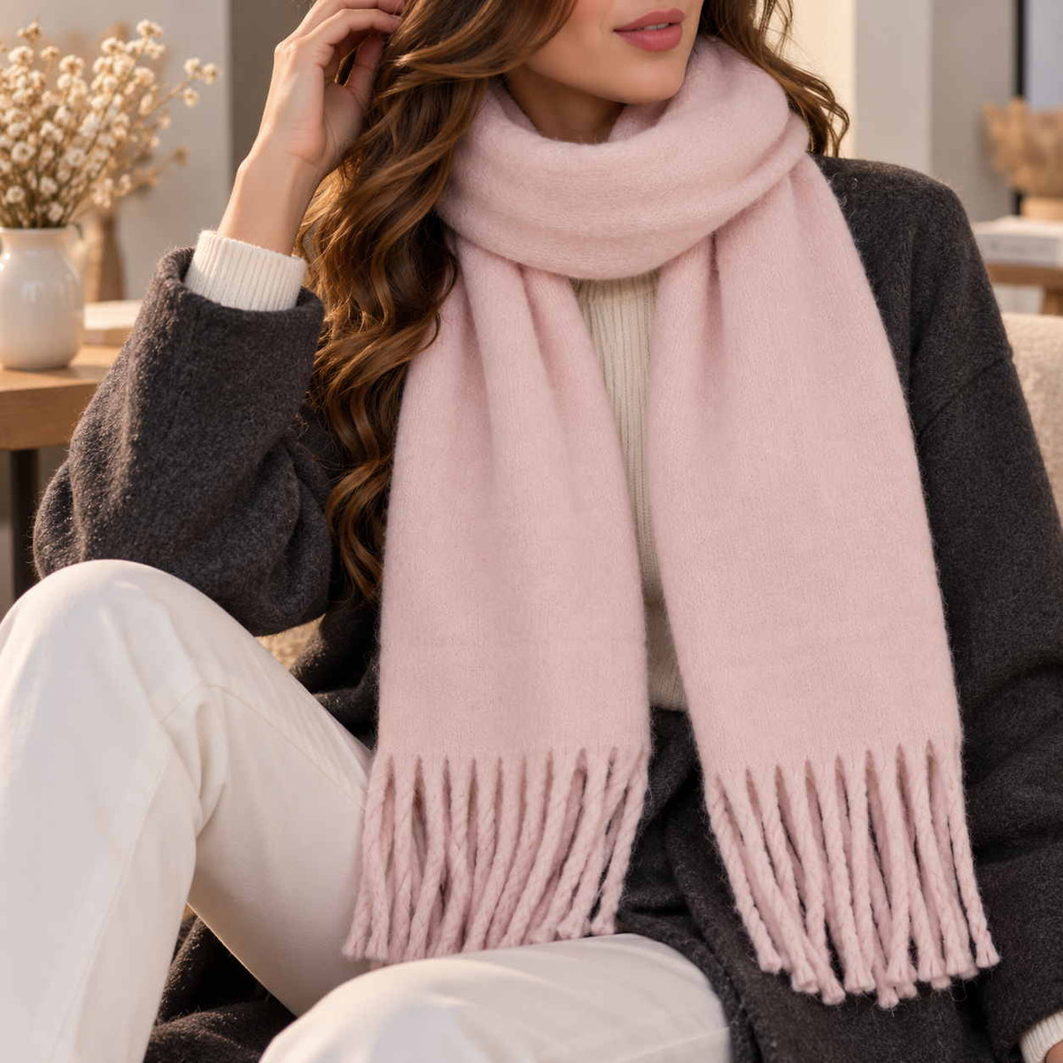 Pale pink blanket scarf wrapped at the neck with thick twisted pink tassels