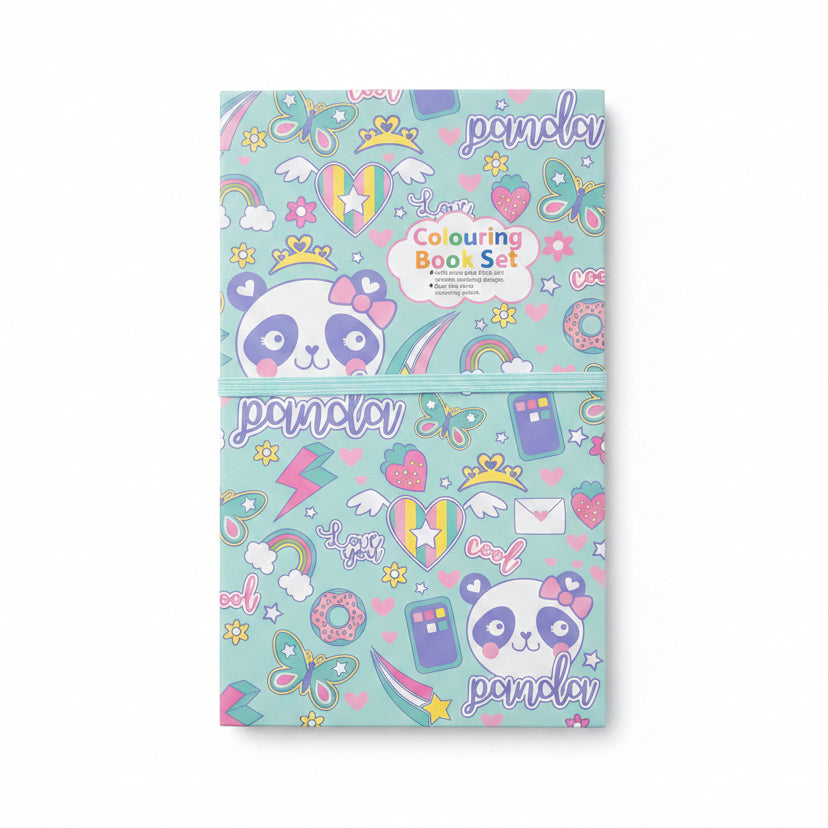 A pastel blue 'Panda Colouring Book Set' with cute cartoon panda illustrations, rainbows, stars, and hearts, resting on a brown wooden surface.