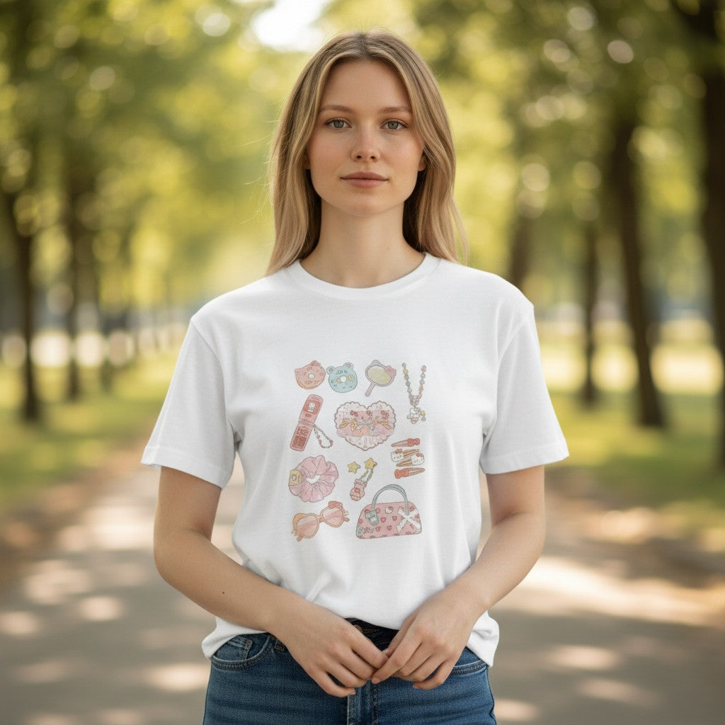 White tee with pastel print of hair clips, mirror and purse, Jack Gifts Online Lebanon