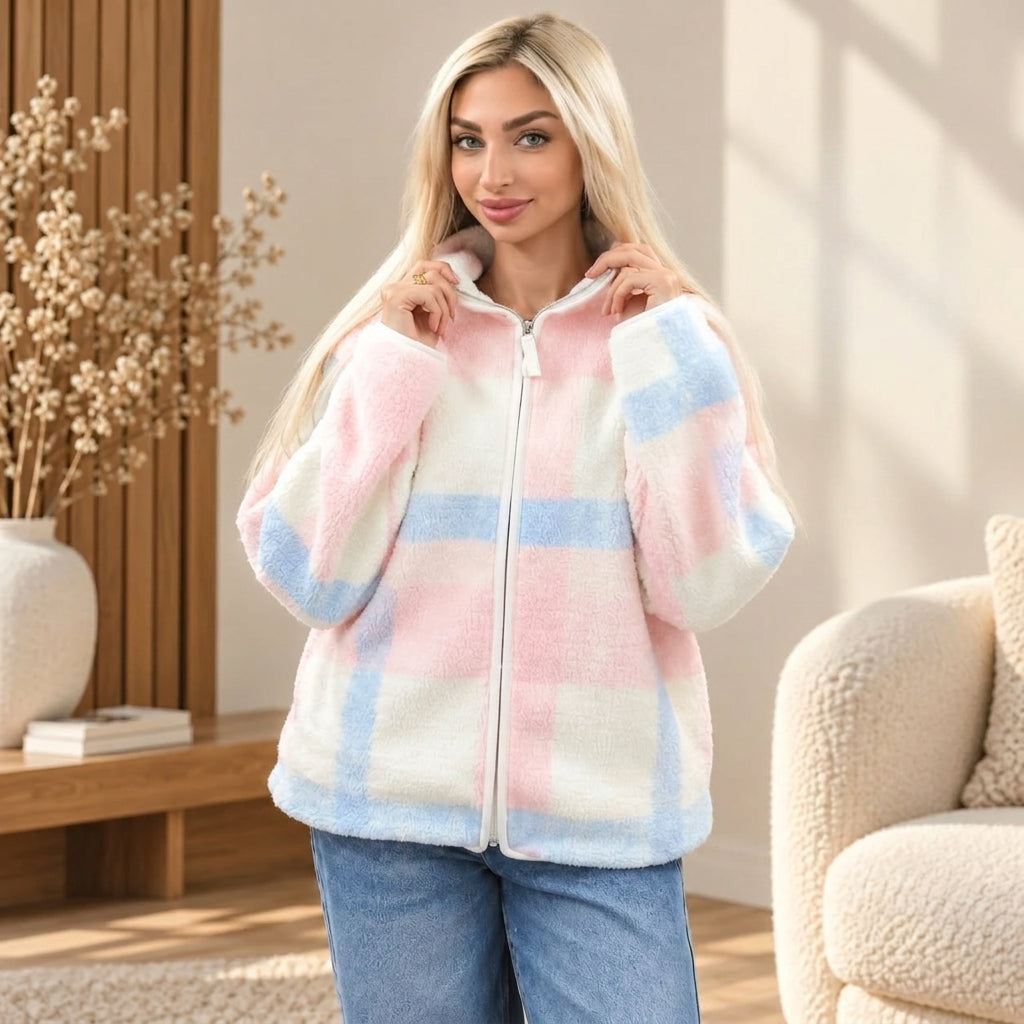 Woman in a pink, blue and white check sherpa zip jacket with a stand collar, worn with jeans