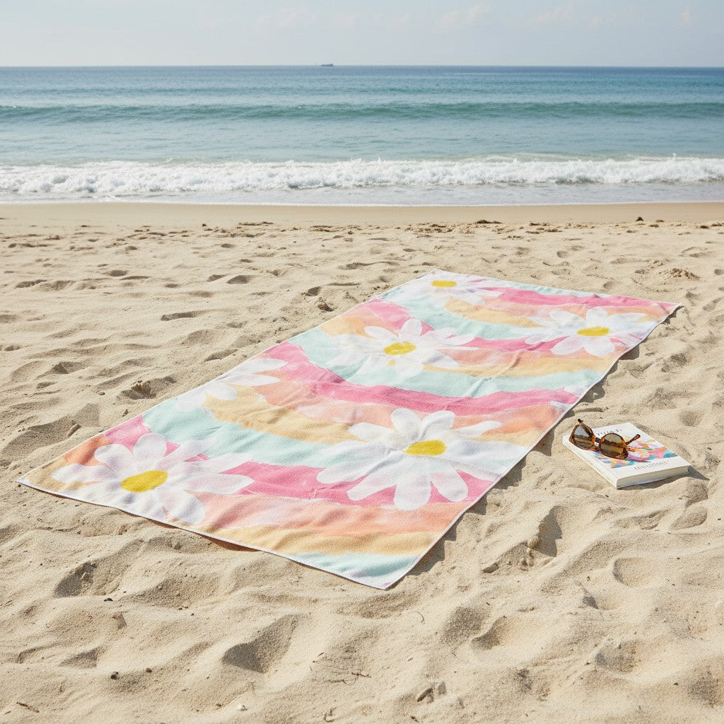 Colorful floral towel on a sandy beach with ocean in the background