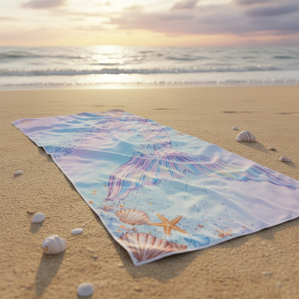 Pastel mermaid tail beach towel laid on sand at sunset with scattered shells