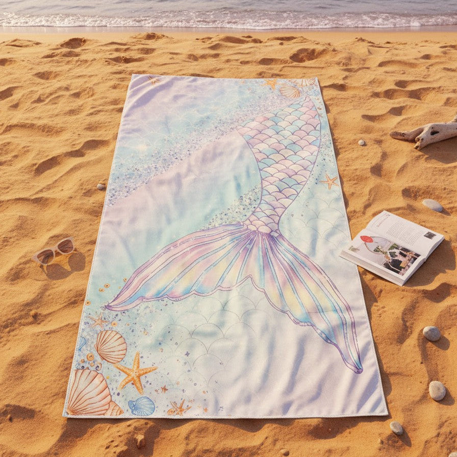 Beach towel with mermaid tail design on a sandy beach
