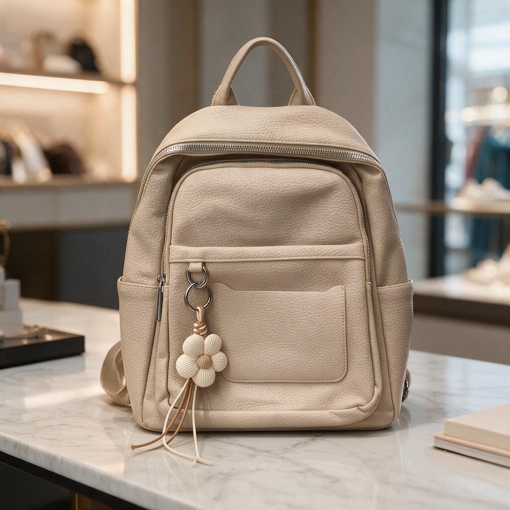 Beige pebbled backpack with a cream flower charm and front pocket on a marble table