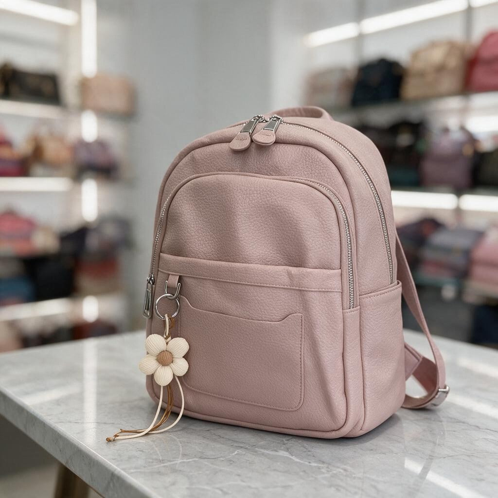 Pink pebbled backpack with double zips and a flower charm on a grey marble counter