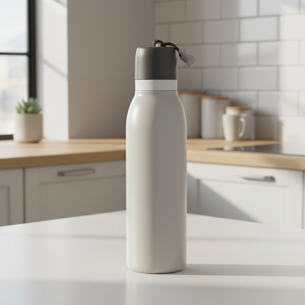 Tall slim thermal bottle shown on a kitchen counter