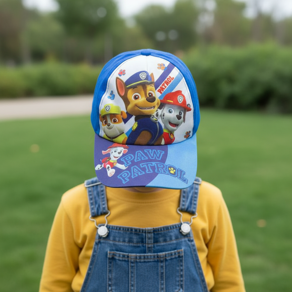 Blue and white cap with three rescue pups, worn by a child in denim overalls