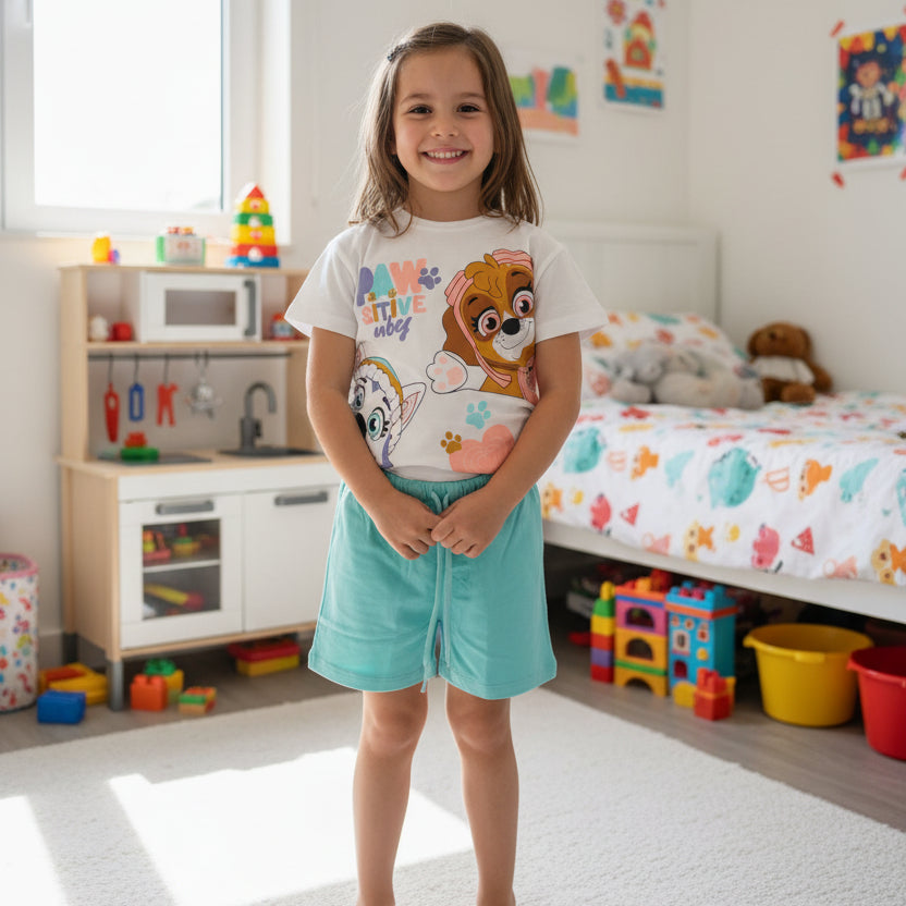 Girls set with a white Paw Patrol tee showing Skye and Everest plus mint green shorts