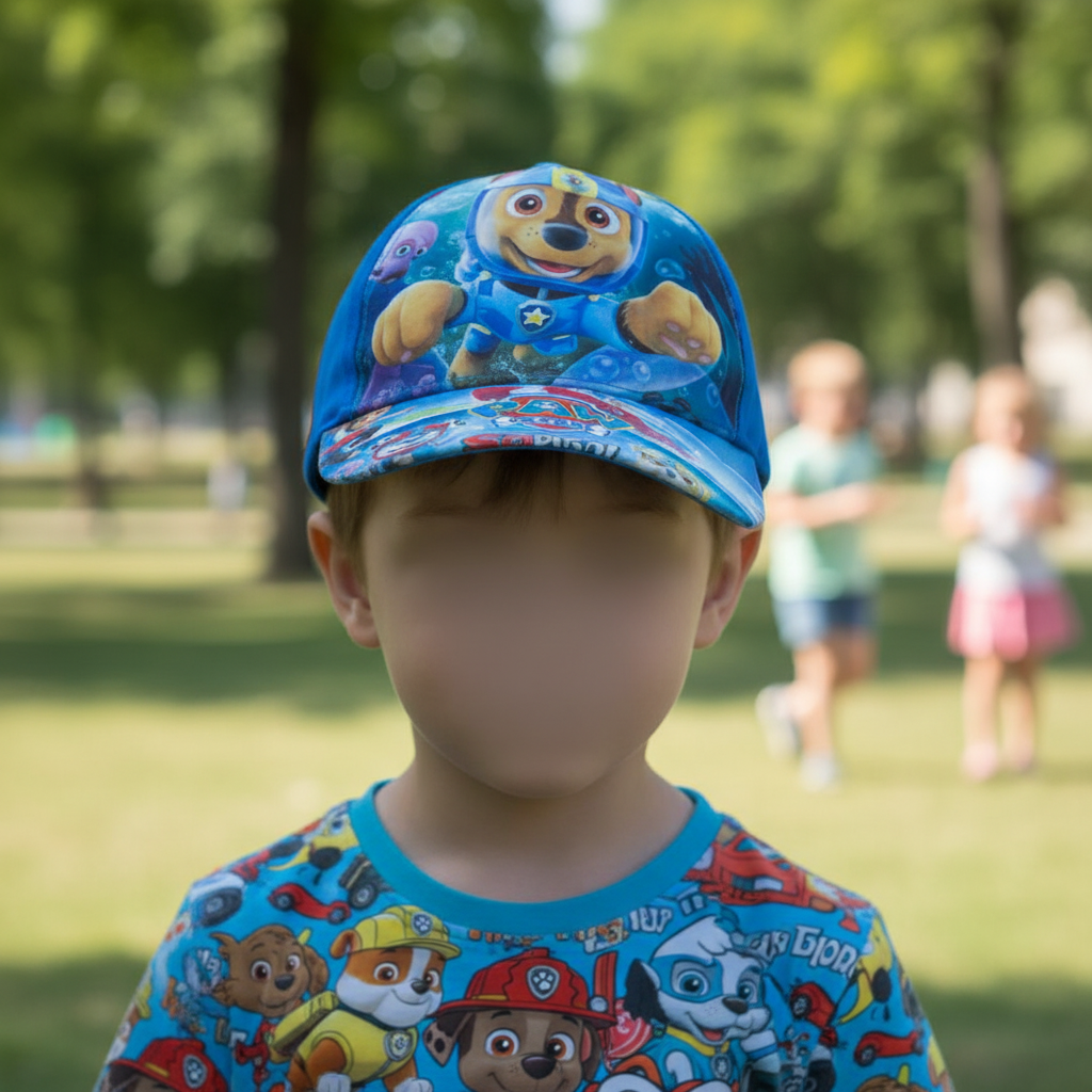 Young boy wearing a blue sea rescue pup cap at a sunny park