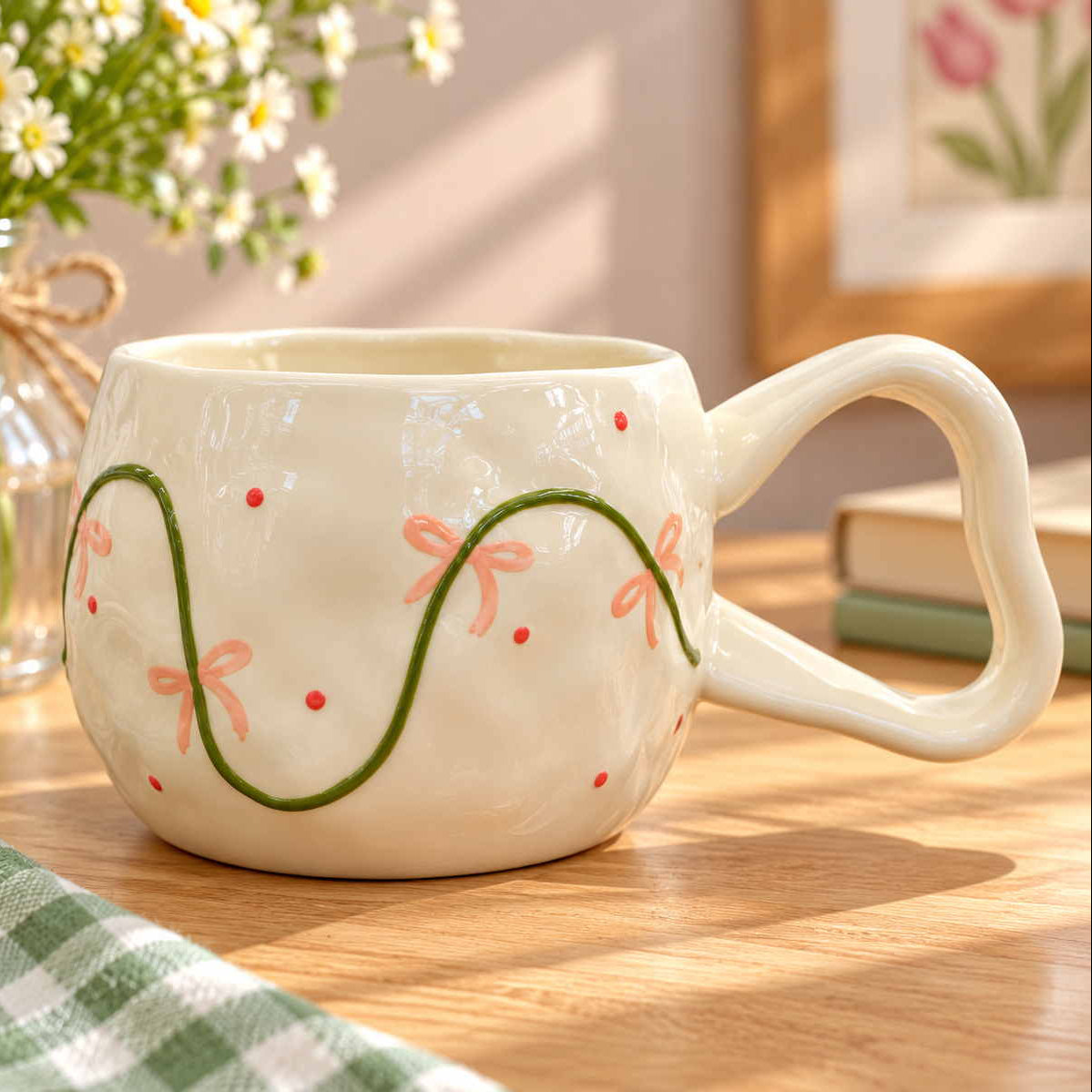 Green vine tied with peach bows winding around a cream mug with red berry dots