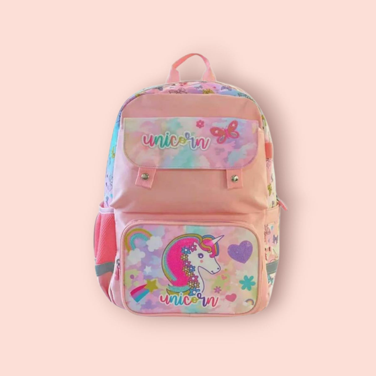 Pastel tie dye front pocket with sequin unicorn head, hearts and butterflies