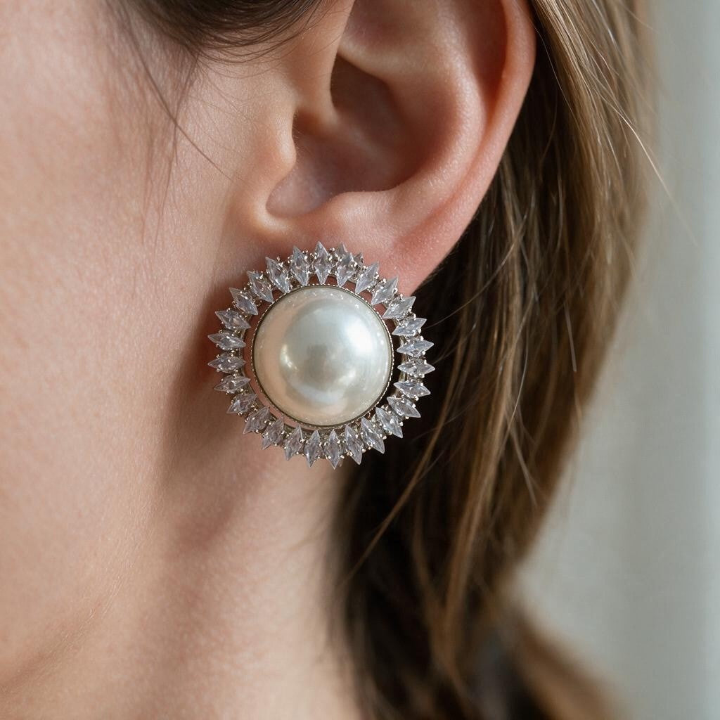 Silver sunburst stud earring with a large white pearl and marquise crystal halo worn on the ear