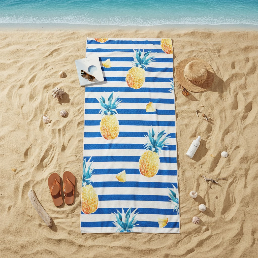 Pineapple print blue stripe beach towel on the sand, Jack Gifts Online Lebanon
