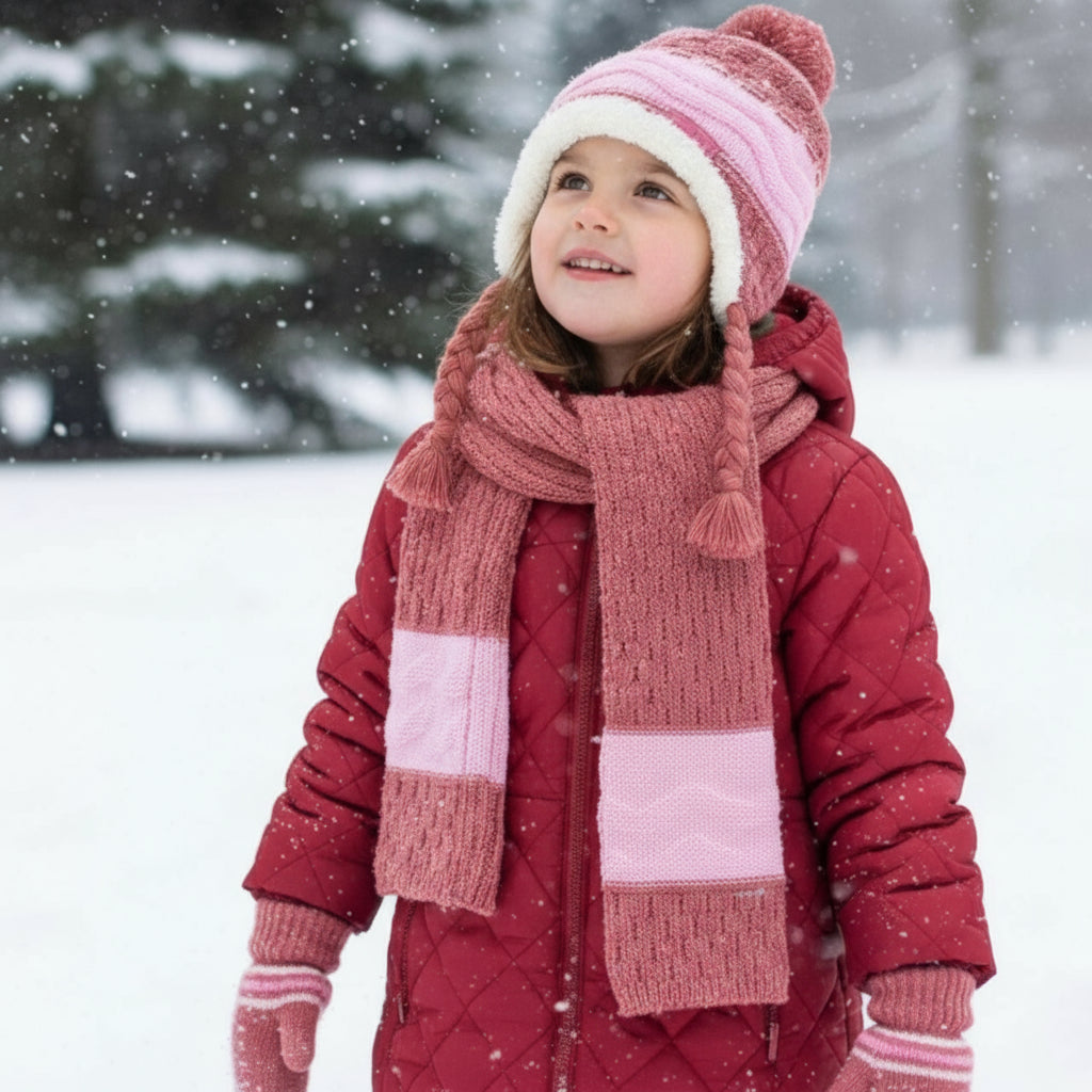Dusty pink knitted hat, scarf and mittens set with pale pink colour block panels