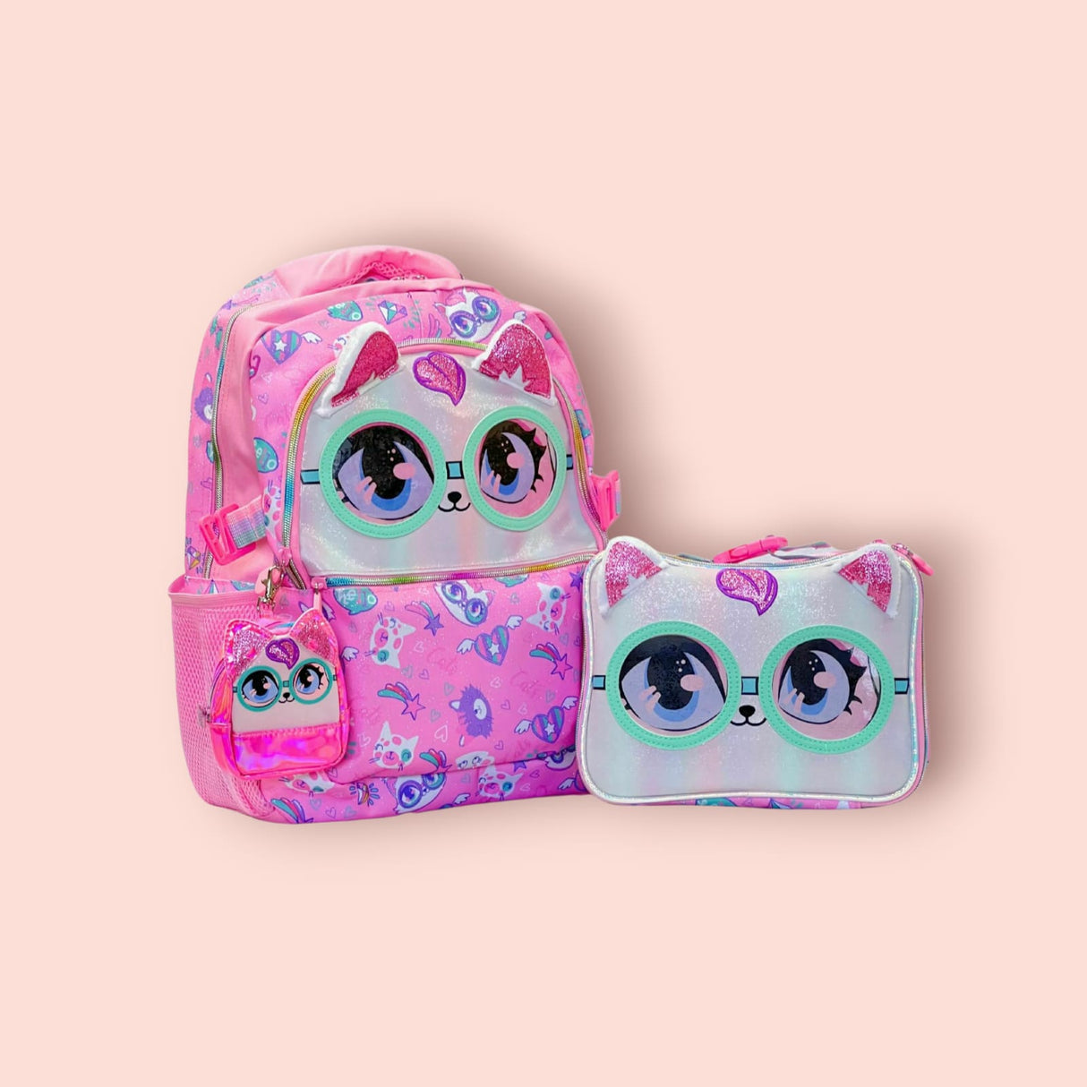 Pink cat school backpack and matching lunch bag and coin pouch with big glitter eyes, mint glasses and sparkly ears