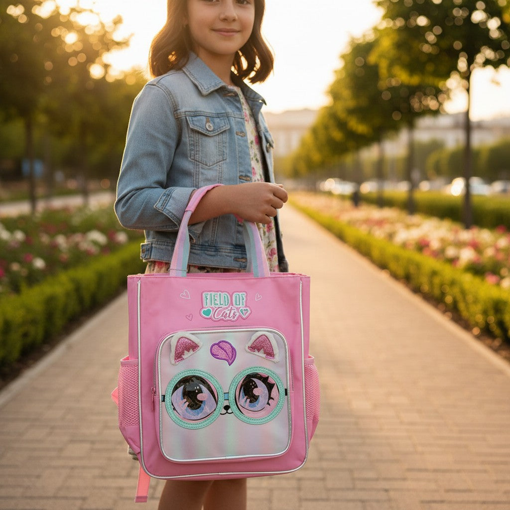 Girl holding a pink kids tote bag with a glittery cat face front pocket, Jack Gifts Online Lebanon