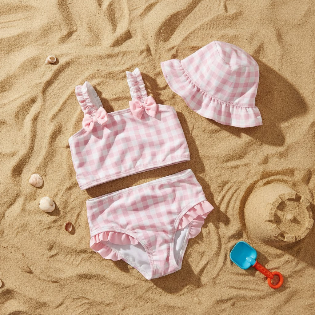 Pink checkered bow swimsuit and matching bucket hat flat lay