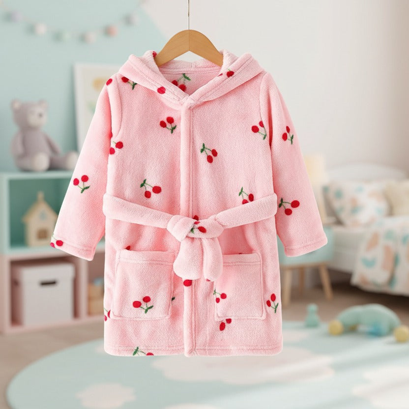 Pink cherry embroidered kids robe on a hanger with tie belt and pockets