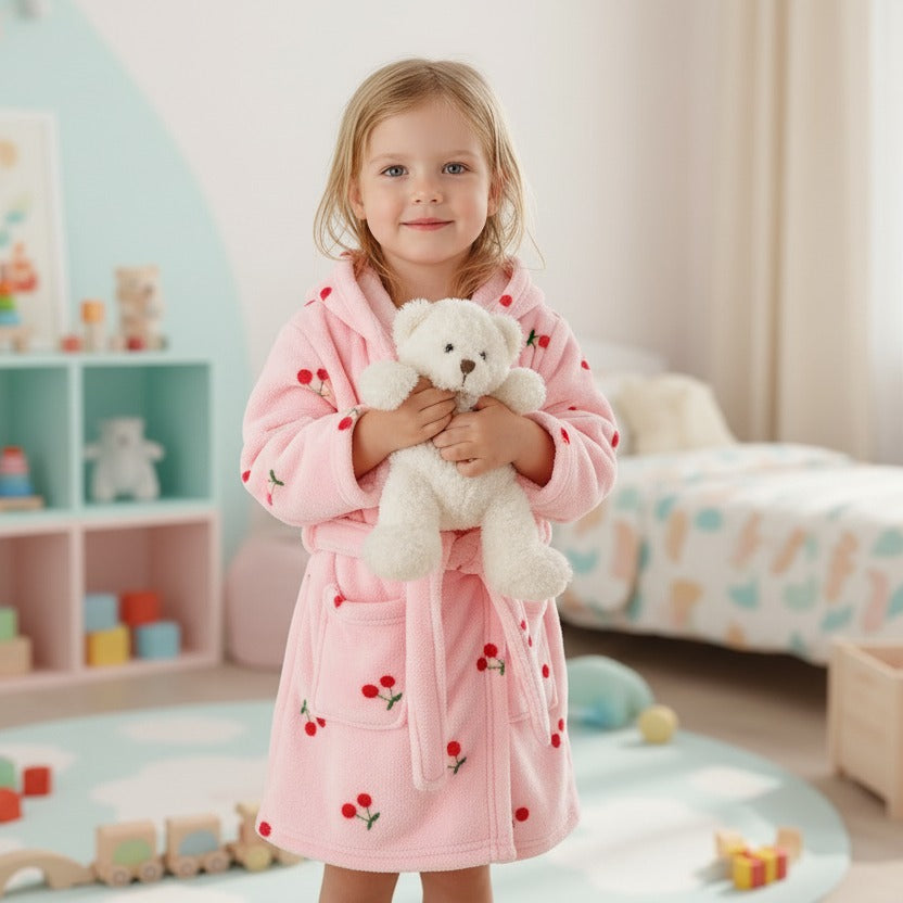 Girl wearing a pink cherry print hooded kids robe