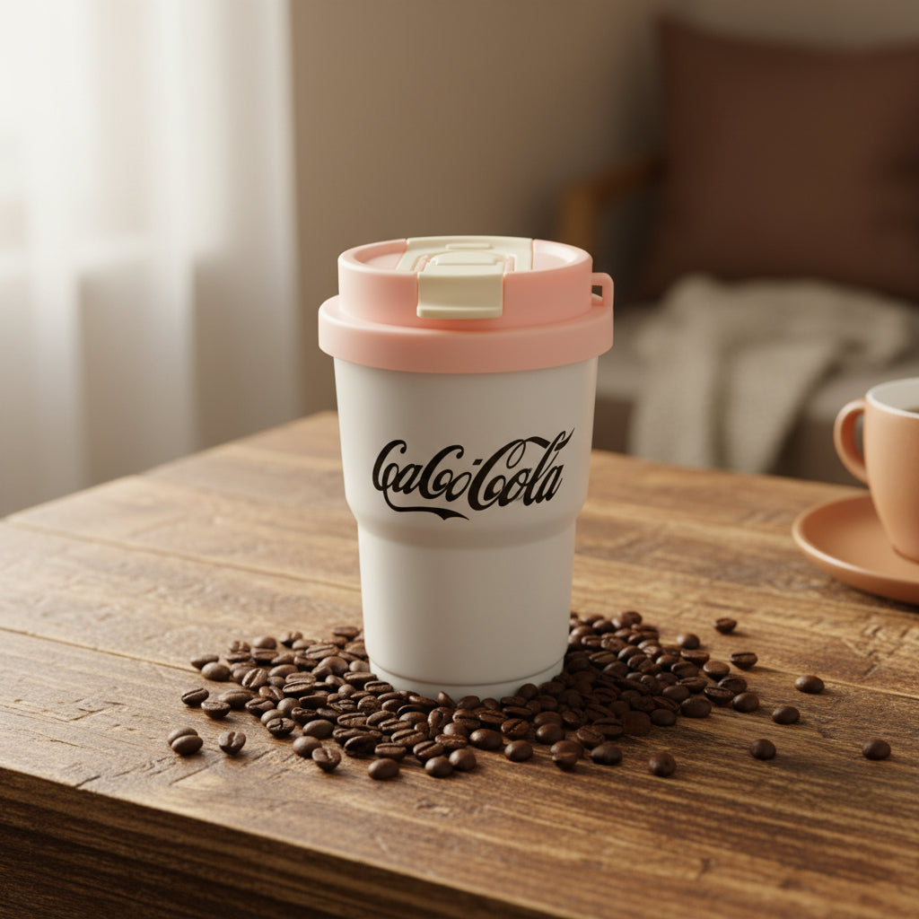 Coca-Cola mug with pink lid on a white surface