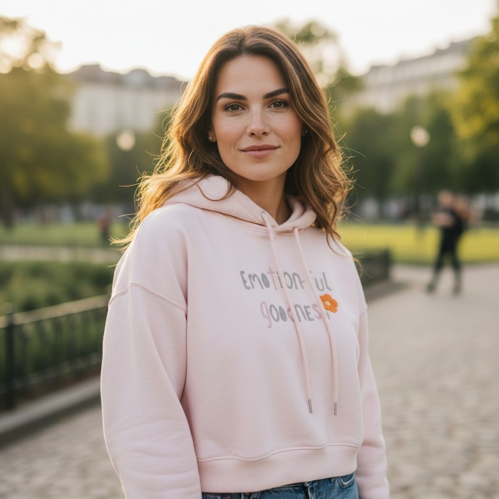 Woman in soft pink cropped hoodie with a printed slogan and flower, Jack Gifts Online Lebanon