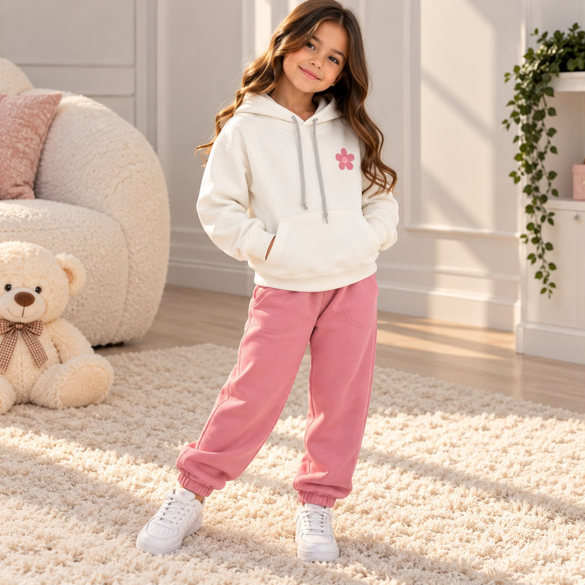 Girl in a white flower hoodie and pink joggers standing in a bright living room