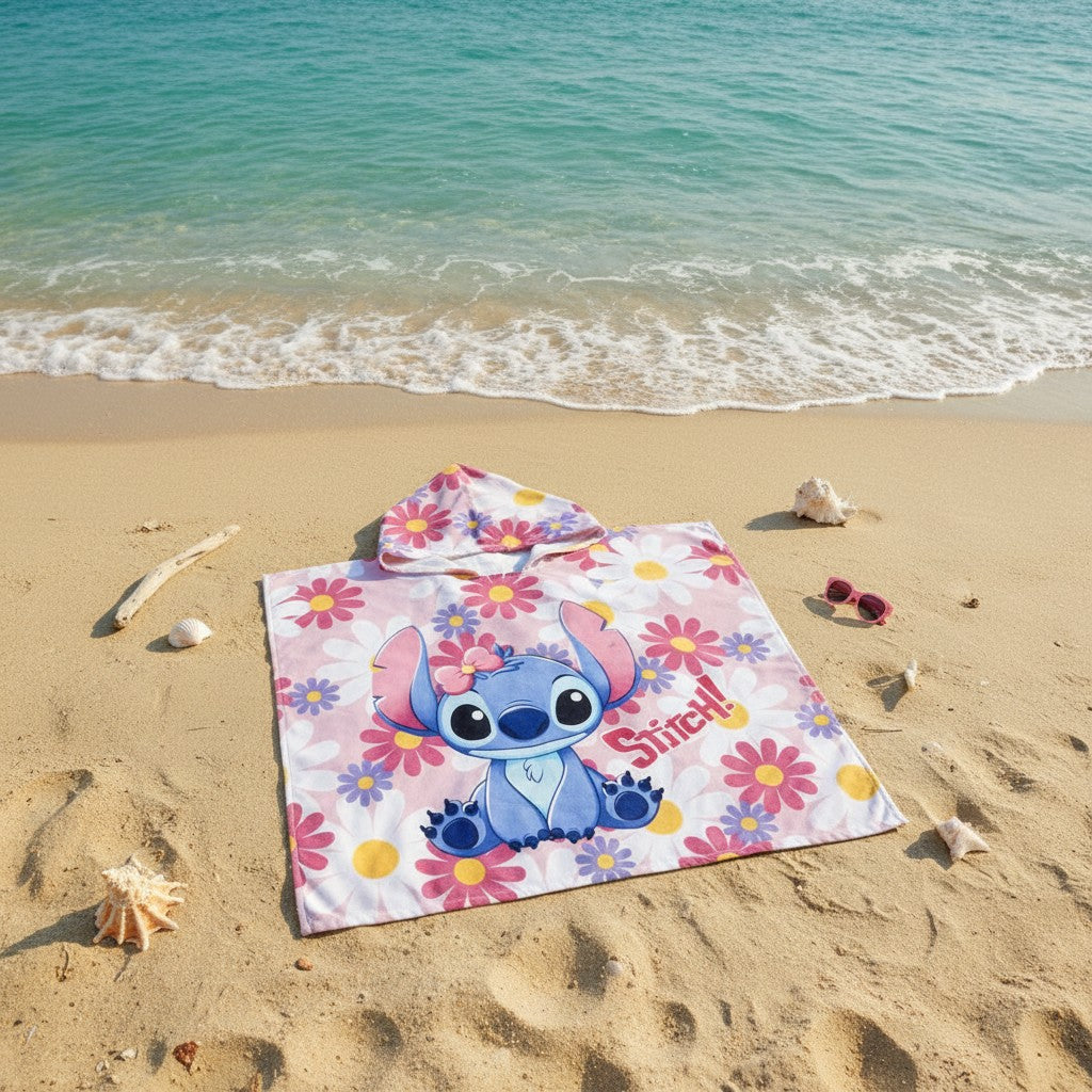 Pale pink daisy print Stitch hooded towel poncho for kids