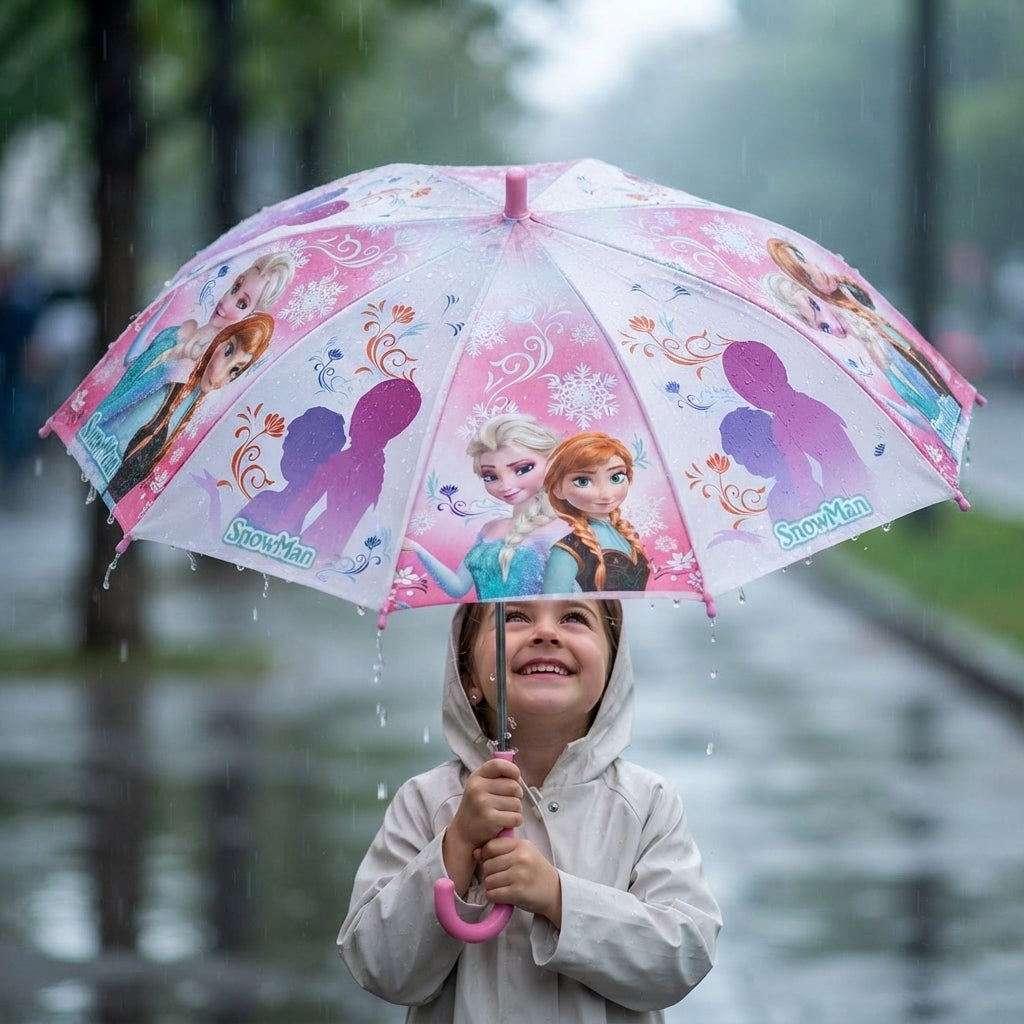 Girl in a white raincoat holding a pink and white umbrella with Frozen print