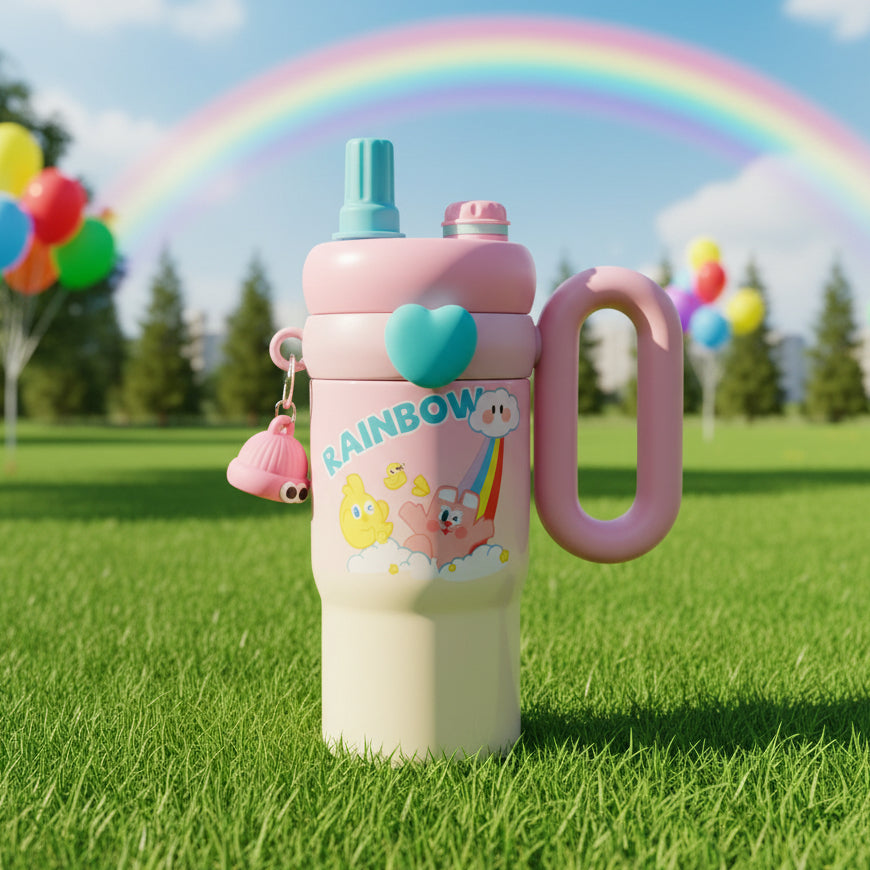 Children's pink water bottle with cartoon characters on a store shelf.