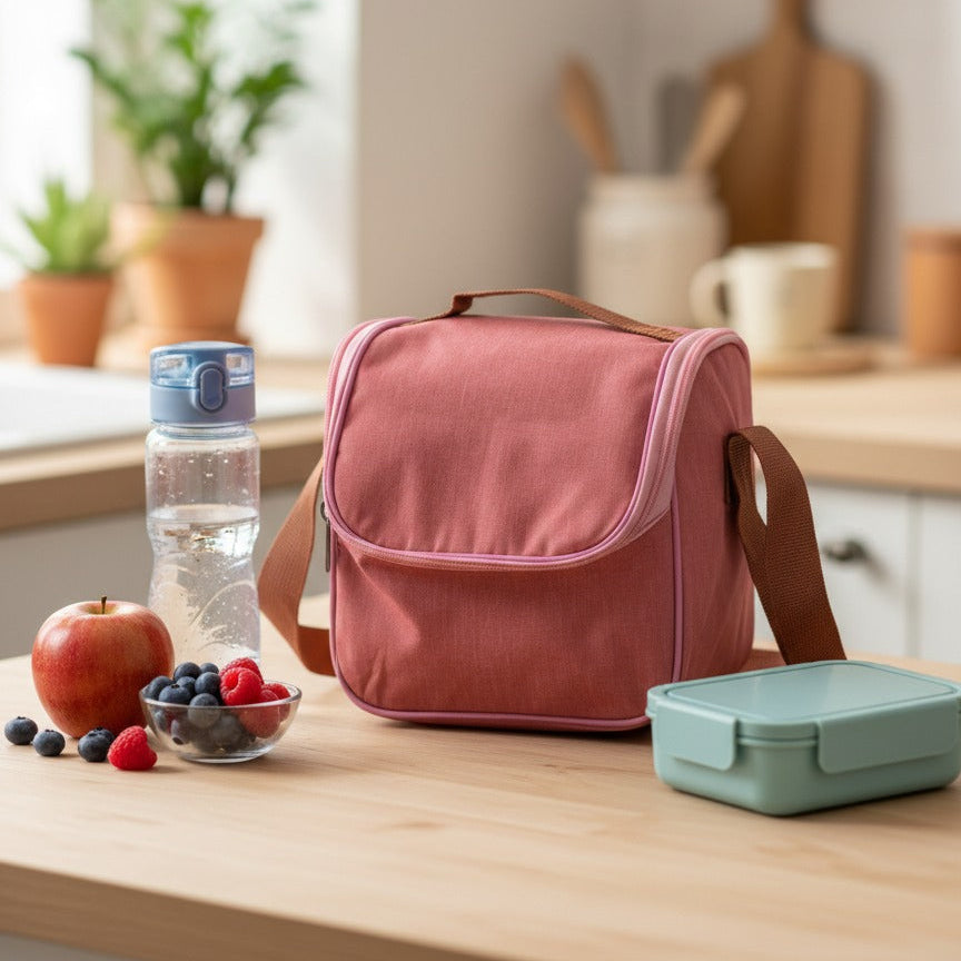 Pink insulated lunch bag on a wooden table with a water bottle, apples, and a snack container