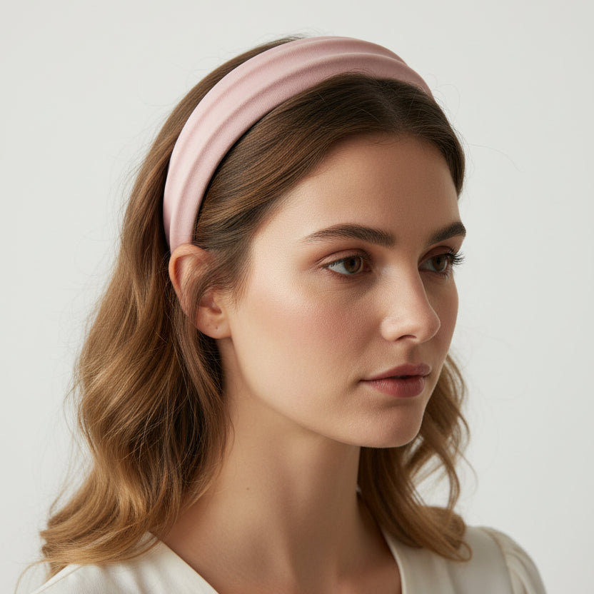 Pink matte headband worn with loose waves against a plain white wall