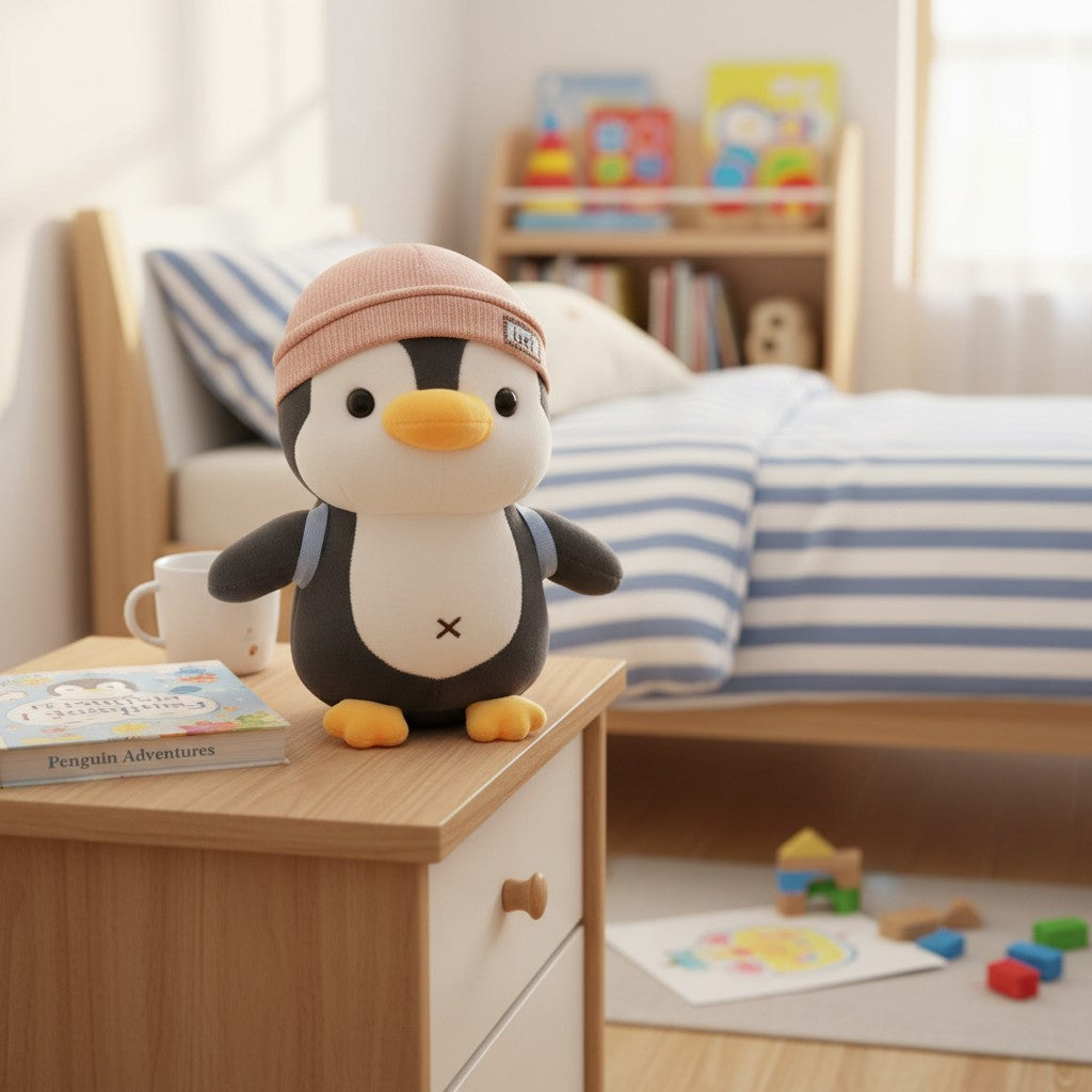 Pink beanie hat penguin plush on bedside table
