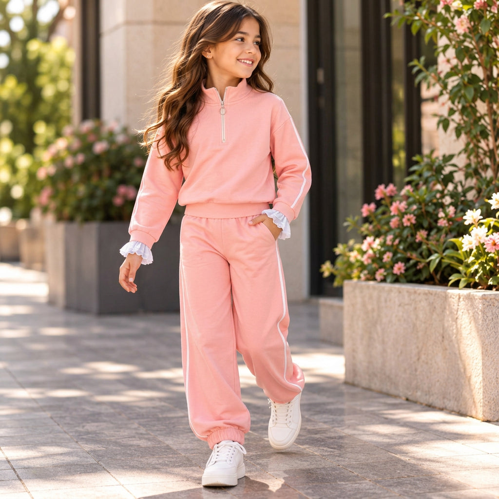 Girl walking in a peach pink half zip jogging set with white piping, ruffle cuffs and white sneakers