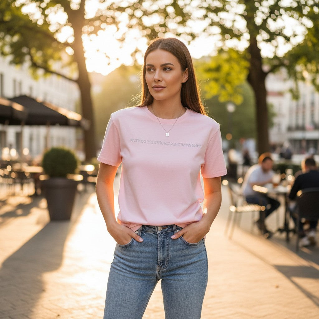 Woman wearing a pink tshirt and blue jeans standing in an outdoor setting with trees and people in the background