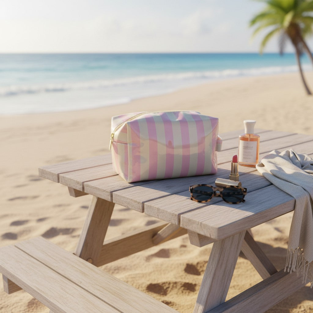 Pink striped waterproof beach pouch with zip closure