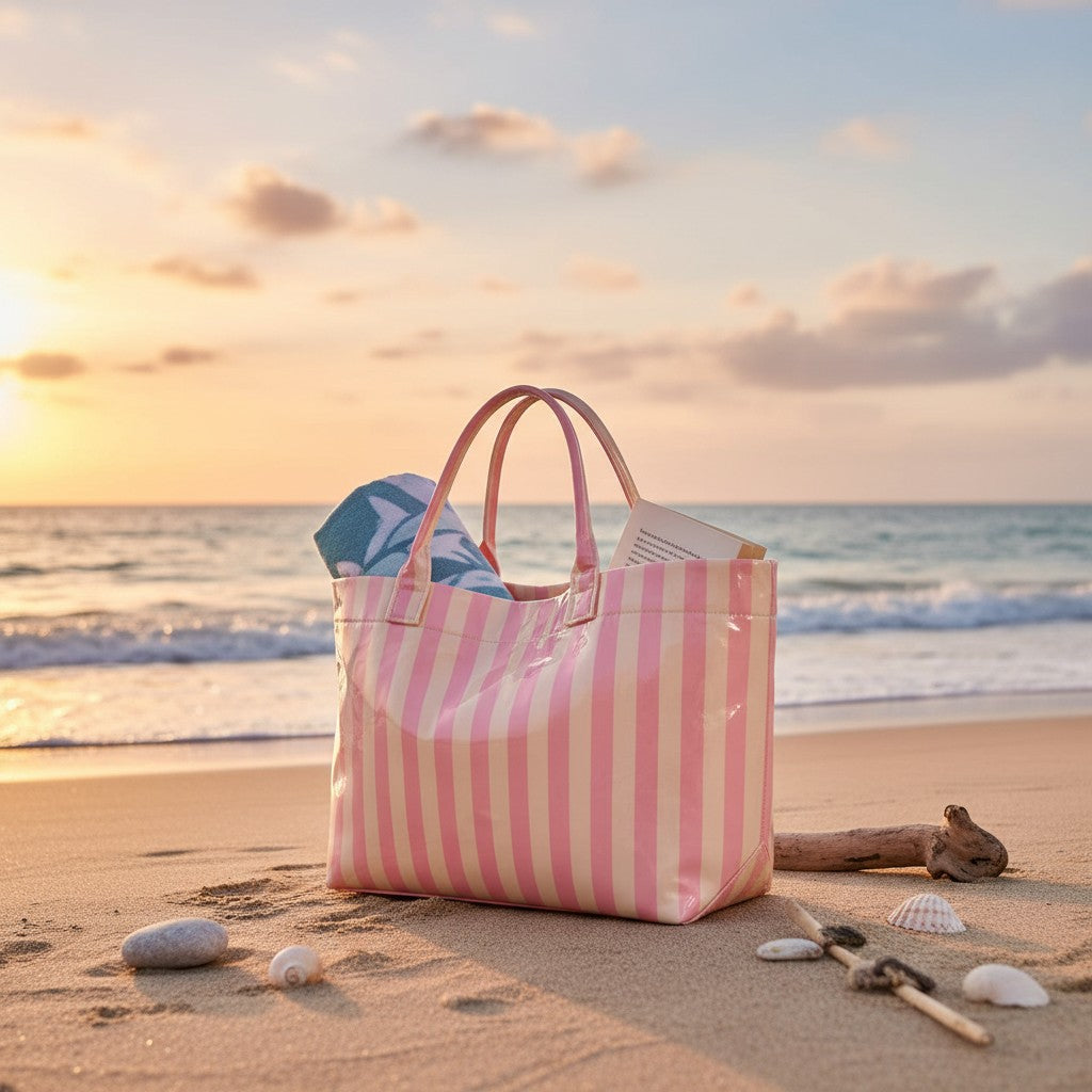 Pink and cream striped beach tote bag with rolled blush handles