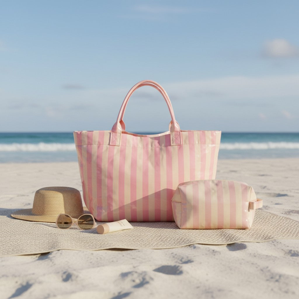 Pink striped beach tote and matching pouch set on the sand – Jack Gifts Online Lebanon