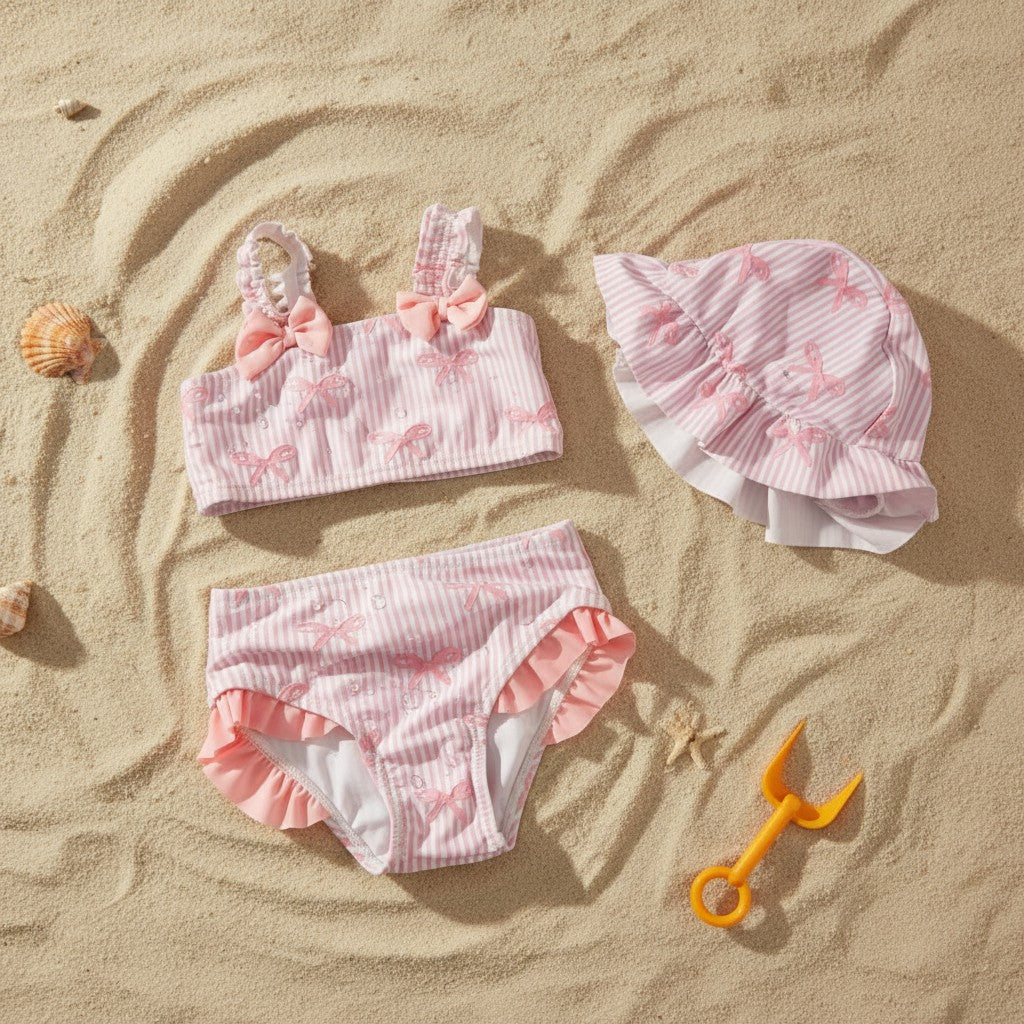 Pink striped bow swimsuit and matching bucket hat flat lay with a sand toy