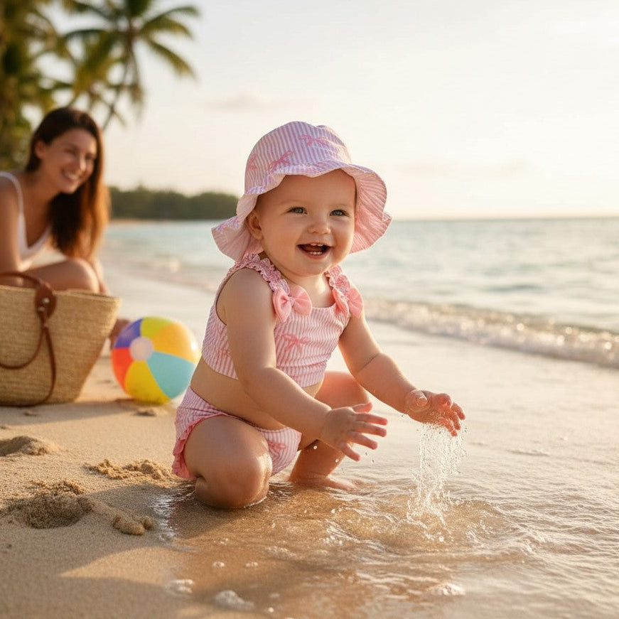 Baby wearing a pink striped bow swimsuit with a matching bucket hat