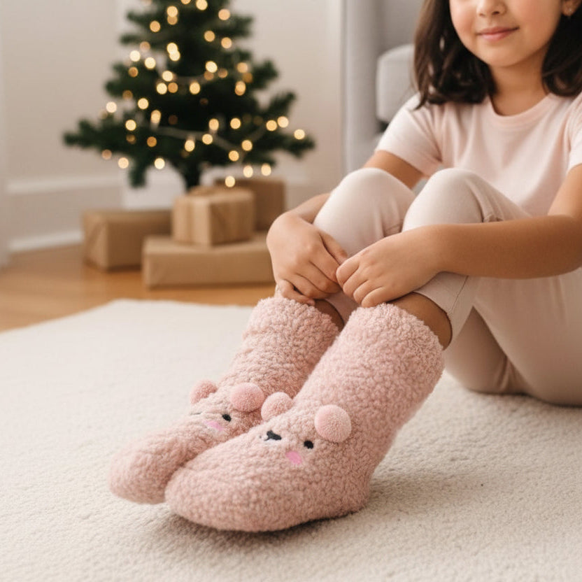 Child wearing pink fuzzy slippers with a Christmas tree and presents in the background