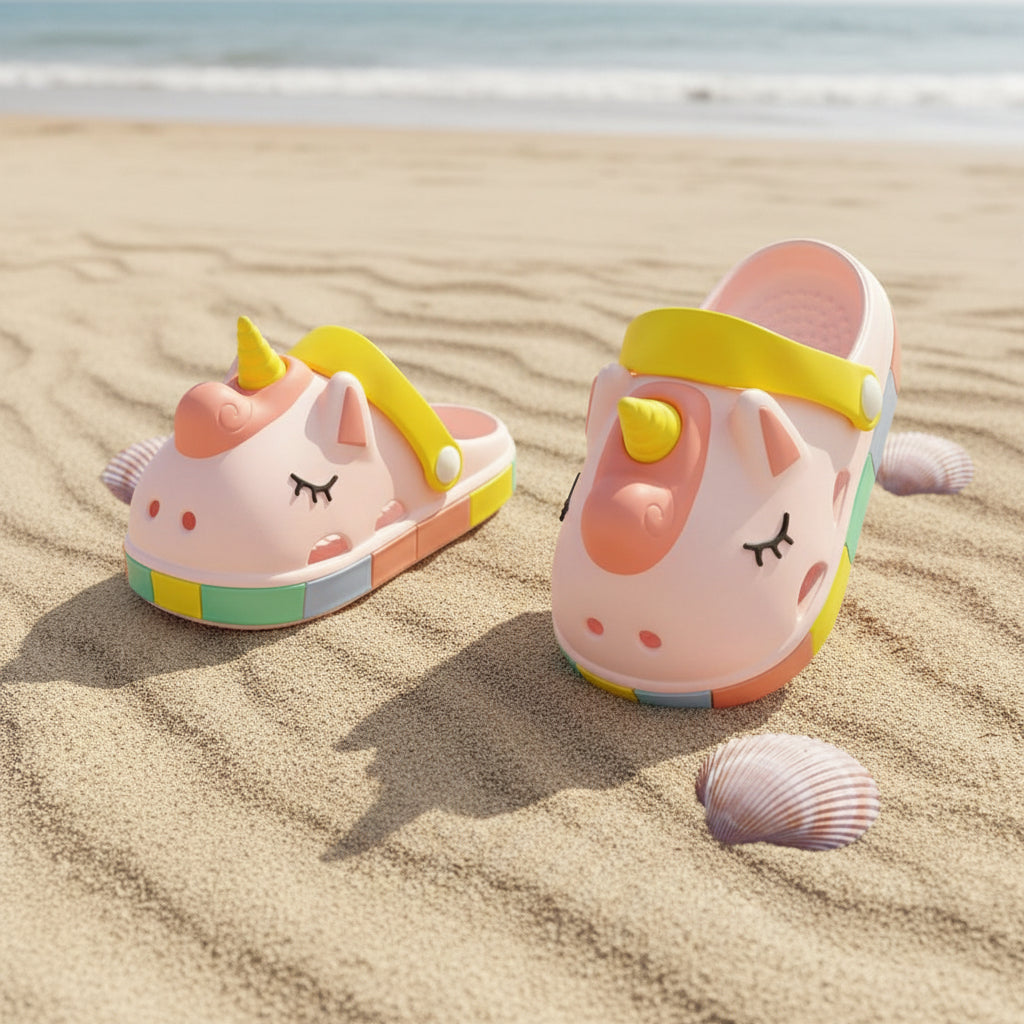 Pink unicorn clogs with rainbow trim sole shown on a sandy beach