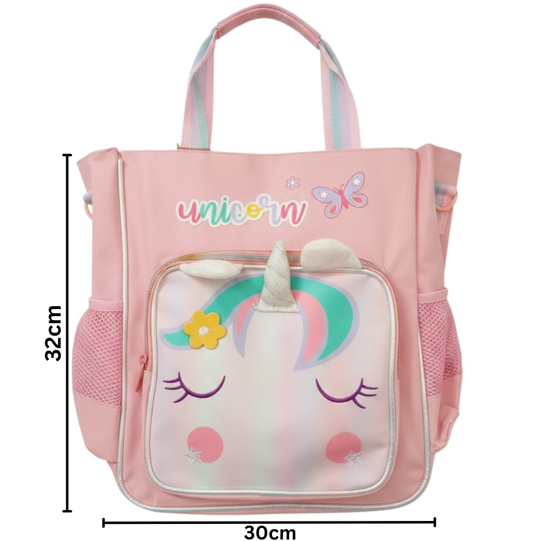 Pink unicorn kids tote bag with mesh side pockets and a zip front pocket