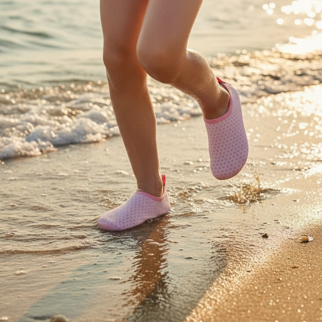 Kids pink polka-dot water shoes worn on the beach at the water's edge – Jack Gifts Online Lebanon