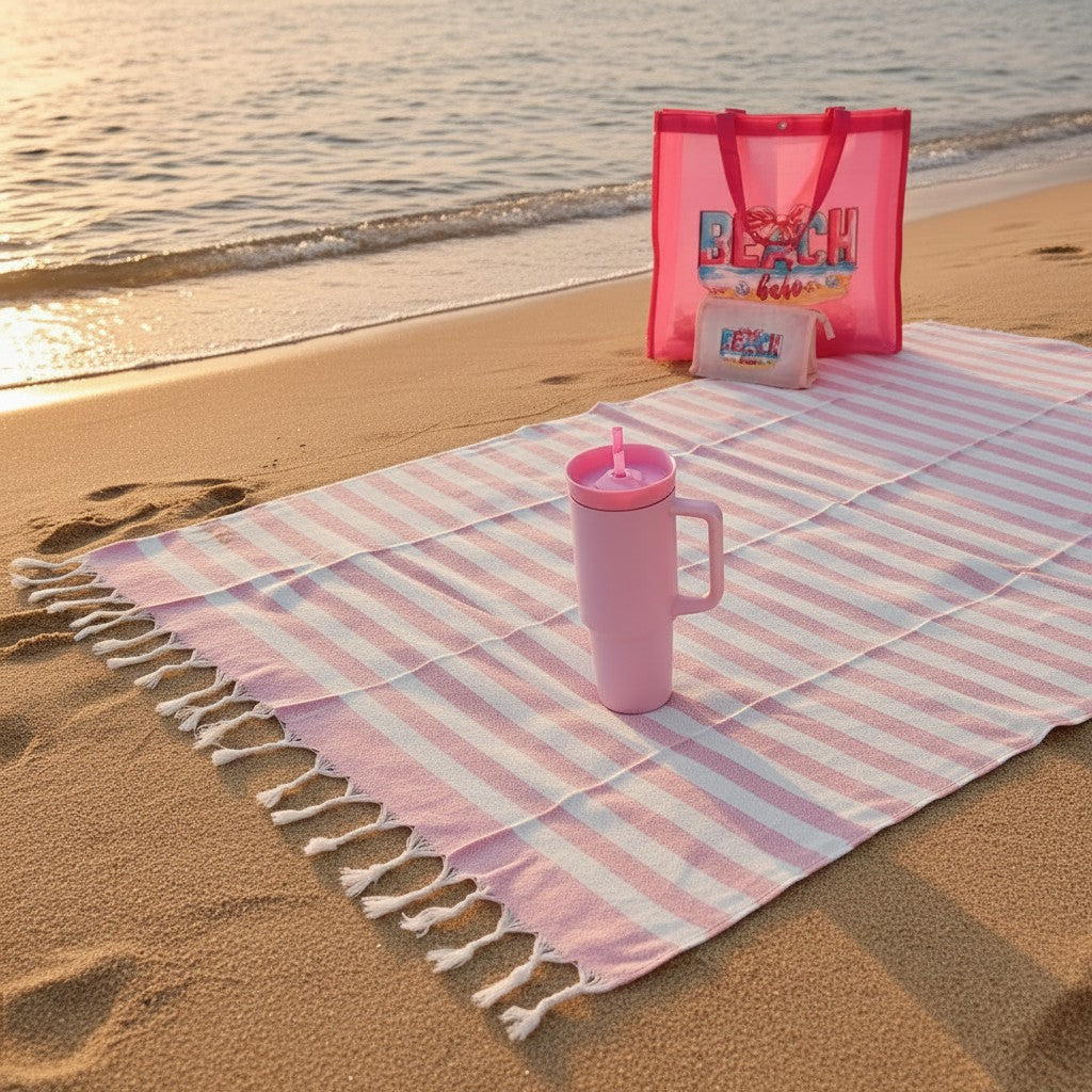 Beach towel with pink tumbler and 'Beach' bag on sand by water